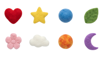 Felted wool shape set including heart, star, ball, leaf, flower, cloud, sun, and moon icons isolated. Needle felt handicraft and diy hobby collection.