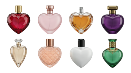 Heart shaped perfume bottle set including red, pink, glass, purple, gold, quilted, and green variants isolated. Fragrance and cosmetic packaging collection.