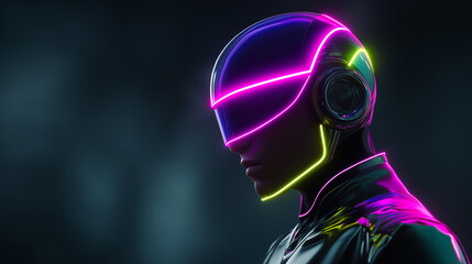 Futuristic humanoid figure with glowing visor helmet, representing artificial intelligence, virtual reality, and cyberpunk aesthetics.
