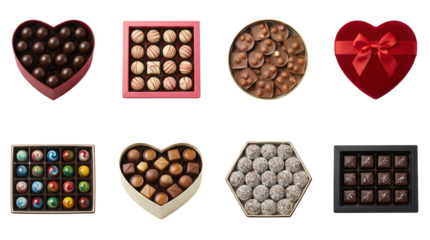 Gourmet chocolate gift box set including dark truffles, white pralines, hazelnut clusters, and colorful bonbons isolated. Confectionery and dessert collection for Valentine's Day.