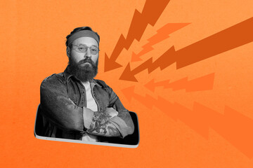 Template sketch image composite artwork collage of young man appear smartphone display touchscreen arrow point showing choose candidate