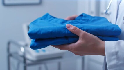 Medical professional holding folded blue scrubs in a clinical setting demonstrating cleanliness and care