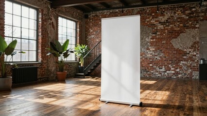 White rollup banner in industrial loft with brick walls and plants
