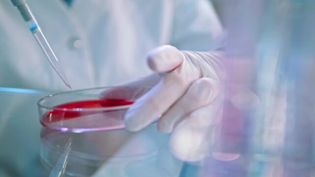 A gloved hand precisely dispenses red liquid into a petri dish, highlighting precision in medical research within a sterile lab setting.