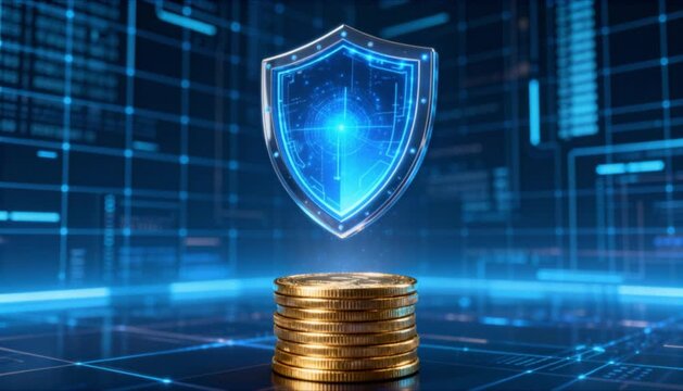 digital shield protecting gold coins stack perfect for Financial Wellness Month