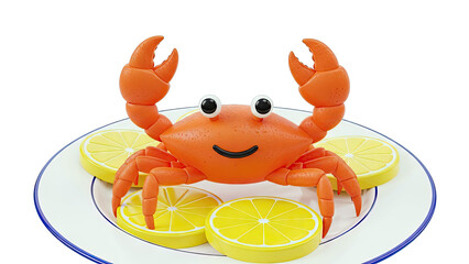 Cute Cartoon Crab on a Plate with Lemon Slices