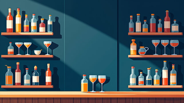 Premium flat illustration of bar without alcohol interior with geometric shelves and glasses, modern wellness concept