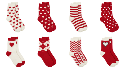 Red and white patterned socks set including hearts, stripes, polka dots, argyle, and chevron designs isolated. Festive winter and valentines footwear collection.