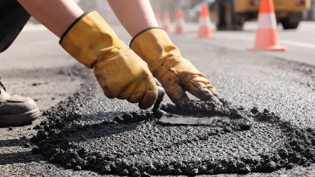 Close Up of Worker Repairing Asphalt Road Wearing Yellow Protective Gloves Using Trowel with Yellow Construction