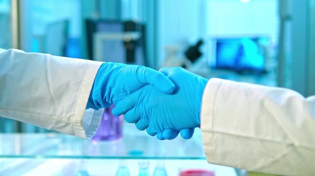 Two scientists in lab coats and blue gloves shake hands in a modern lab with glassware, a microscope, and computer monitors, highlighting collaboration in medical research or chemical analysis.