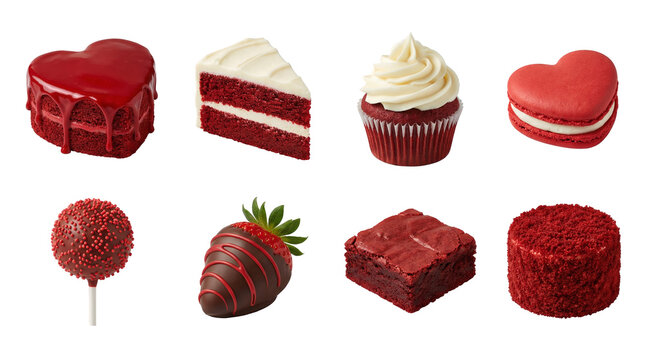 Red velvet dessert set including cake slice, cupcake, macaron, brownie, cake pop, and truffle isolated. Sweet bakery and valentine treat collection.