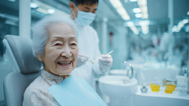 歯科受診で穏やかに微笑む高齢女性、信頼できる診療風景