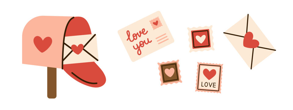 Vector set of cute Valentines day mail elements with heart mailbox, love letter, postcard and romantic postage stamp. Sweet love message collection for greeting card, wedding and holiday design.