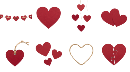 Red heart set including paper cutouts, hanging ornaments, twine borders, and puzzle pieces isolated. Romantic craft and valentines day decoration collection.