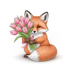 A cute fox with a bouquet of tulips in a delicate pastel illustration. AI generated.
