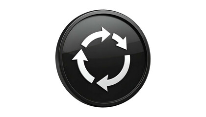 Black glossy circle with four curved white arrows creating a circular motion