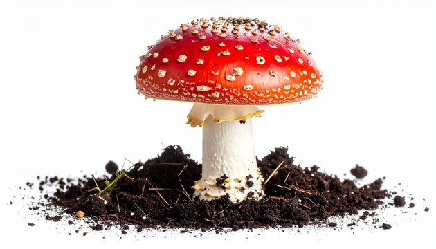   
"Fly agaric mushroom with red cap and white warts growing from dark soil with green moss, vivid forest fungi" - Powered by Adobe