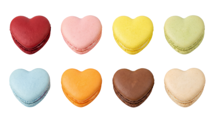 Heart shaped macaron set including red pink yellow green blue orange brown and beige flavors isolated. French dessert and sweet pastry collection.