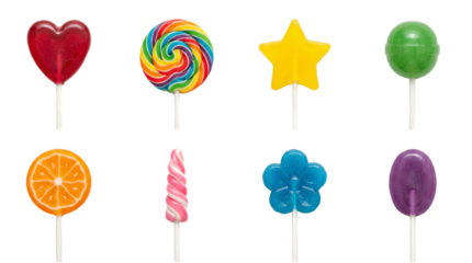 Hard candy lollipop set including heart, spiral, star, ball, orange, swirl, flower, and oval shapes isolated. Sweet treat and confectionery collection.