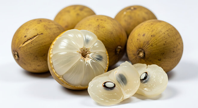 Fresh longkong fruits, also known as langsat, one peeled revealing sweet white flesh and seeds