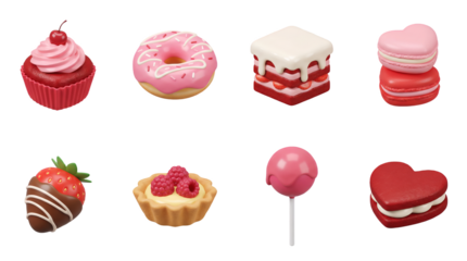 Pink and red dessert set including cupcake, donut, cake slice, macaron, strawberry, tart, and cake pop isolated. Sweet food and bakery collection.