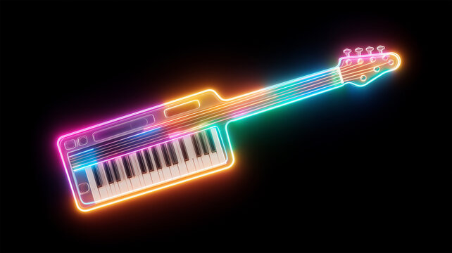 中央で光るネオンラインのキータール図、音楽モチーフ