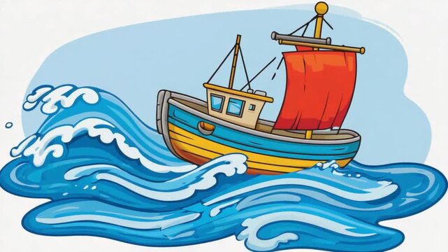 Animated Cartoon Fishing Boat Sailing Through Ocean Waves with Bright Colors and Dynamic Movement