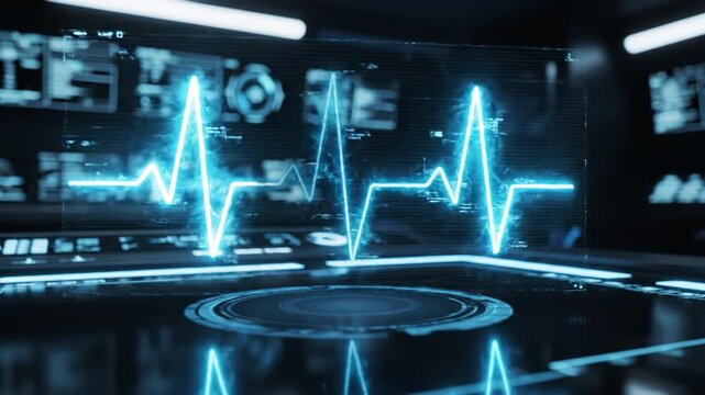Futuristic medical monitor displaying glowing blue electrocardiogram waveform over hologram control surface with digital interface elements and reflective glass combined with futuristic medical