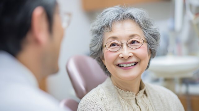 高齢女性が歯科医に穏やかに相談する場面、クリニック