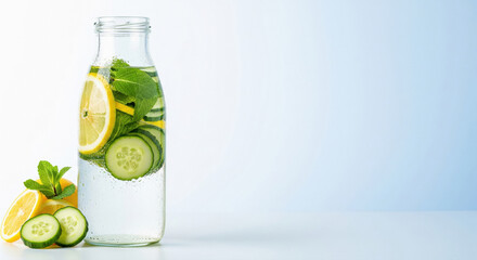 A glass bottle filled with cold infused water, fresh lemon slices, cucumber, and mint