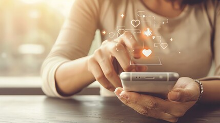 Person using smartphone with social media likes and hearts floating above the screen