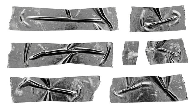 Set of 6 Silver Duct Tape Pieces with Wrinkles on White Background