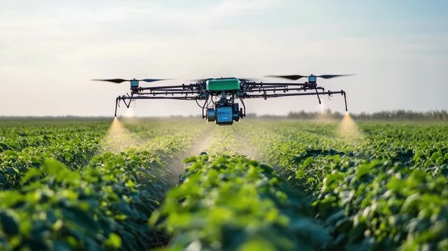 Drone sprays crops in large green field during bright sunny day