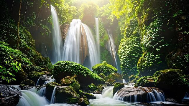 Sunlight penetrating tropical rainforest illuminating waterfall, dense green vegetation and long exposure flowing water, dreamy forest nature landscape background for spa wellness and eco-tourism desi