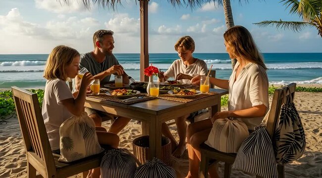 Family enjoying a meal together at a beachside restaurant during vacation.