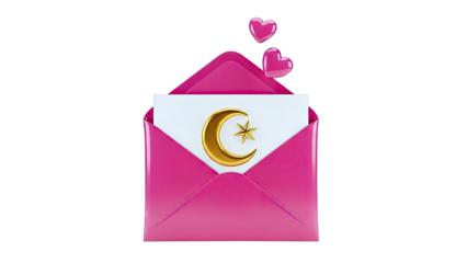 Pink Envelope with Gold Islamic Crescent and Hearts