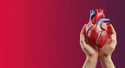 A bold crimson banner for World Heart Day shows hands holding an anatomical heart