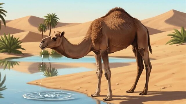Camel drinks water in desert oasis amidst sand dunes and palm trees