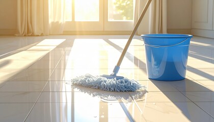 Bright room with mop and bucket on a glossy tile floor, illuminated by sunlight, ideal for cleaning and housekeeping concepts.