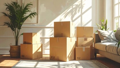 Bright living room filled with cardboard boxes and lush green plants, ideal for moving or interior design themes.