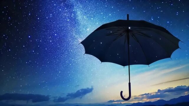Umbrella stands against a starry sky reflecting on a calm body of water in a serene nighttime setting
