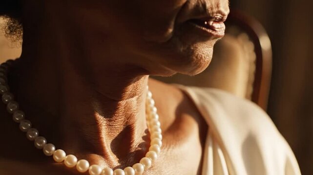 Elegant Mature Woman with Pearl Necklace and White Satin Gown in Gentle Sunlight Portraying Grace and Sophistication
