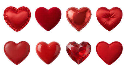 Red heart set including ruffled fabric, velvet, foil balloon, tufted satin, leather, glossy plastic, faceted crystal, and plush textures isolated. Romantic decoration and valentines collection.