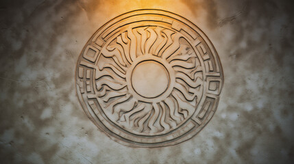 Intricate Sun Motif Etched Into a Textured Wall, Illuminated Softly by Overhead Light, Enhancing Ancient Craftsmanship and Design