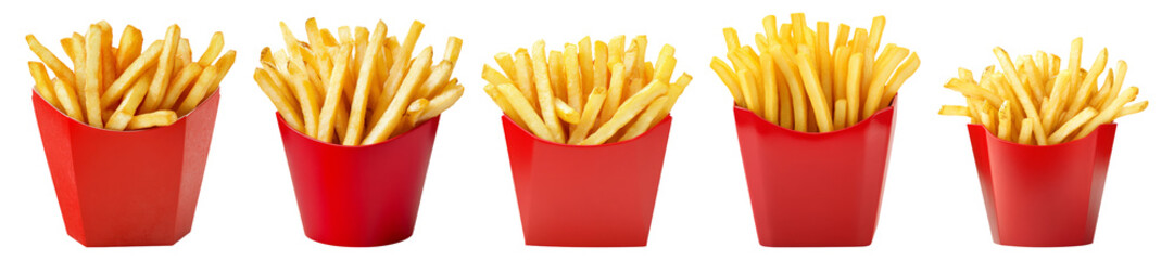 Variety of Red Fast Food Containers with Delicious French Fries Isolated Transparent Background