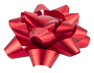 Shiny, vibrant red starburst bow on black background, full view, textured, festive