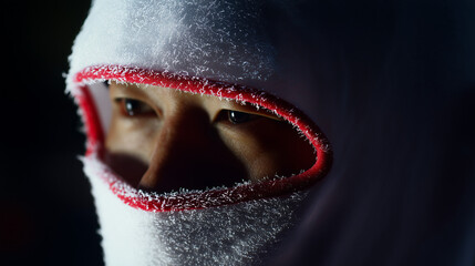 Intense Focus Radiates From a Climber's Frosted Visage Amid the Dark Wilderness, Capturing the Essence of Cold Adventure