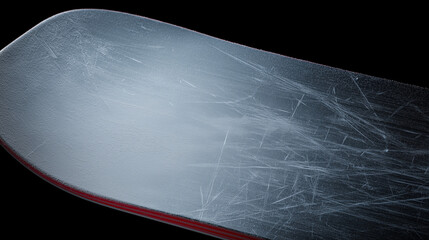 Unique Perspective of a Well-Used Snowboard Showing Intricate Scratches Against a Dark Backdrop, Capturing the Essence of Winter Sports Adventure