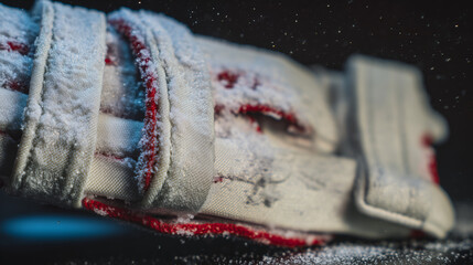 Snow-clad Adventure Gear Resting on a Dark Surface Under Glimmers of Light