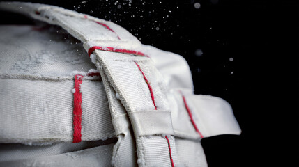 Dynamic Close-Up View of a Snow-Covered Strap Showcasing Intricate Details, Evoking a Sense of Winter Adventure and Exploration in a Dark Setting